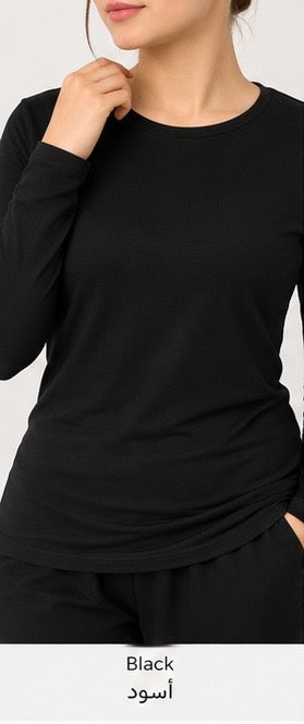 Round Neck Long Sleeve Cotton Top | كنزة قطن بقبة دائرية وكم طويل