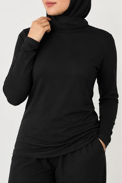 High Neck Long Sleeve Cotton Top | كنزة قطن بقبة عالية وكم طويل