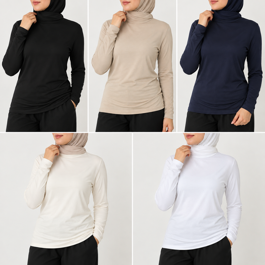 High Neck Long Sleeve Cotton Top | كنزة قطن بقبة عالية وكم طويل
